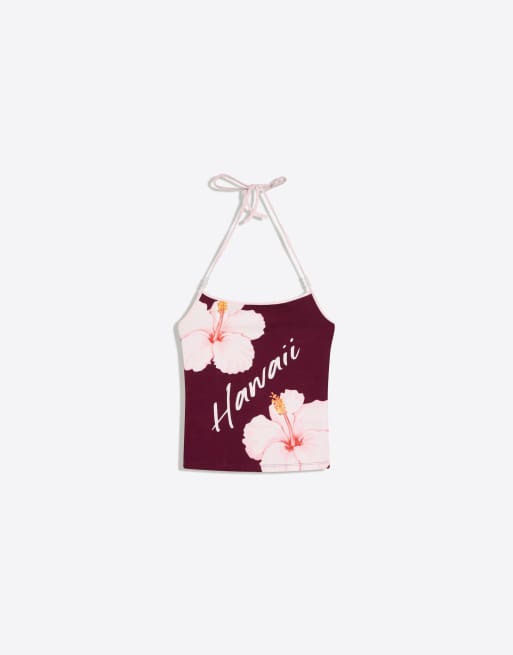Bershka - Top allacciato al collo bordeaux con stampa, 5 di 6