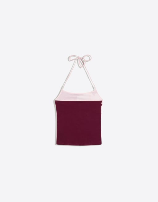 Bershka - Top allacciato al collo bordeaux con stampa, 6 di 6