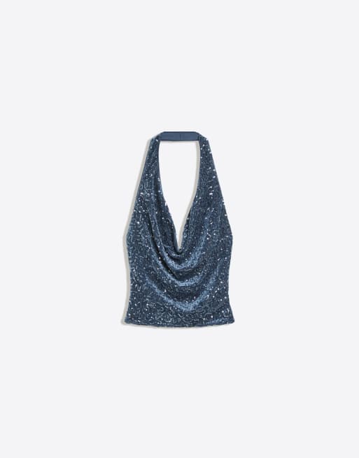 Bershka top allacciato al collo drappeggiato con paillettes blu denim, 5 di 5