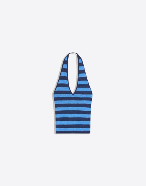 Bershka - Top allacciato al collo in maglia blu denim, 5 di 5