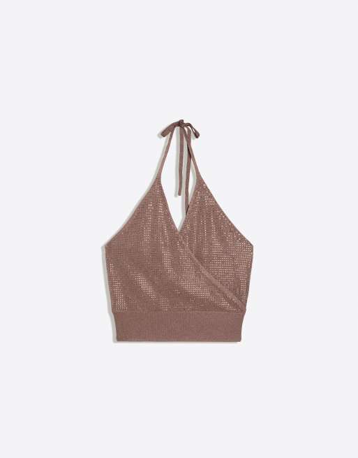 Bershka - Top allacciato al collo luccicante marrone, 3 di 4
