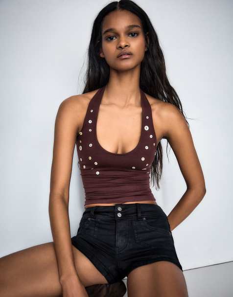 Bershka - Top allacciato al collo marrone con bottoni - view 1