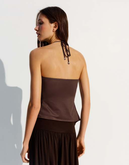 Bershka - Top allacciato al collo marrone con stampa, 3 di 5