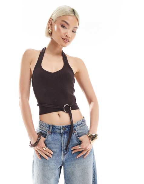 Bershka - Top allacciato al collo marrone in maglia - view 1