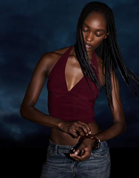 Bershka - Top allacciato al collo raccolto bordeaux - view 1