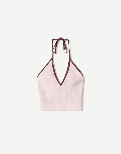 Bershka - Top allacciato al collo rosa con dettagli a contrasto