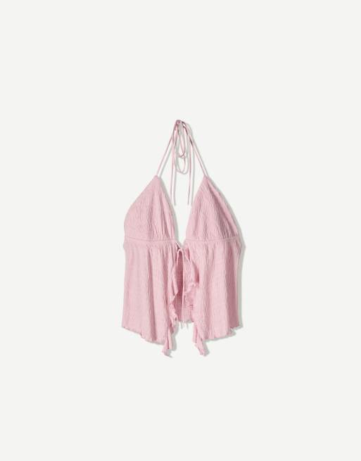 Bershka - Top allacciato al collo rosa con volant e spalline sottili  