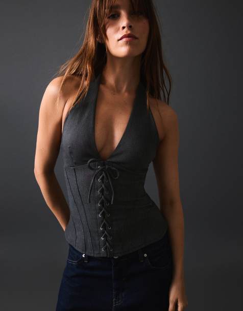 Bershka top all'americana con effetto corsetto blu scuro - view 1