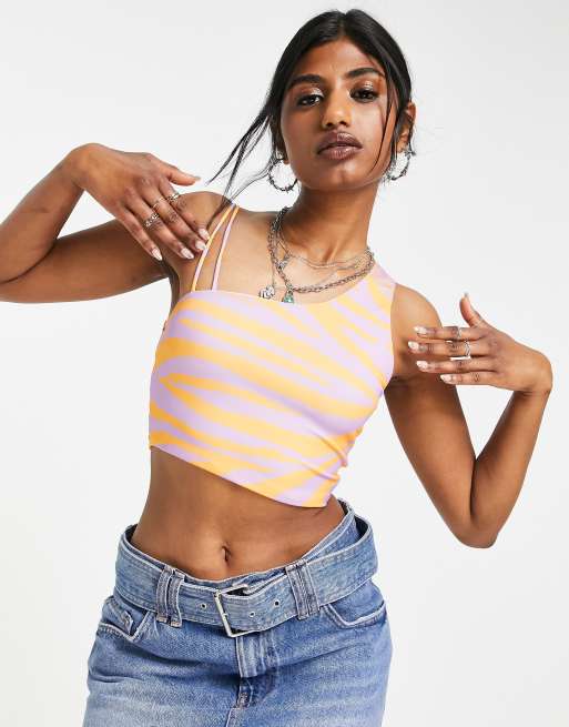 Bershka - Top asimmetrico con stampa zebrata, colore arancione