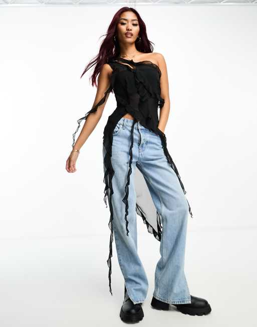 Bershka - Top asimmetrico in rete nera con volant