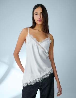 Top asymétrique à bretelles fines en satin - Bleu clair XS