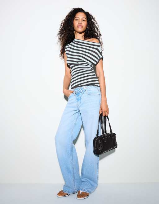 Bershka - Top asymétrique à rayures - Bleu jean, 3 de 4