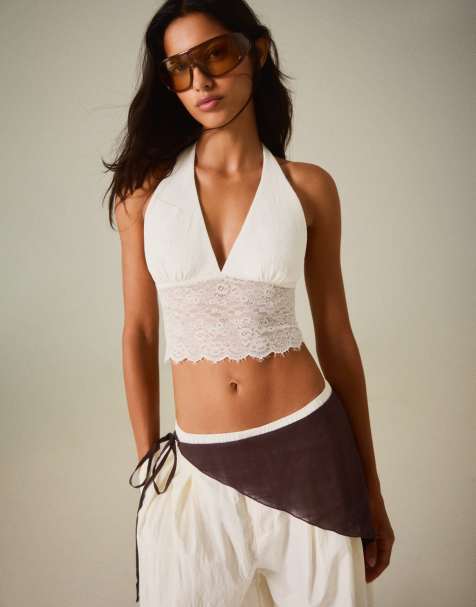 Bershka - Top asymétrique en dentelle style rustique - Blanc - view 1