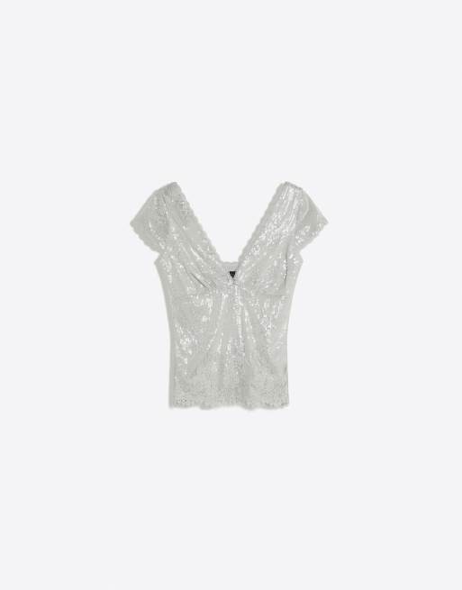 Bershka Top aus Spitze mit Pailletten in verwaschenem Grau, 5 von 5