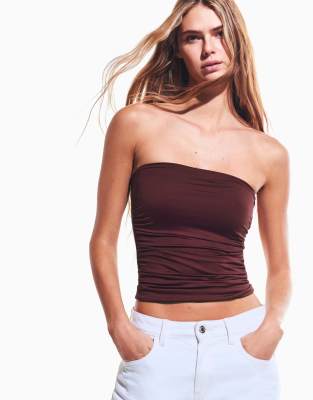 Bershka - Top bandeau à fronces - Bordeaux-Noir