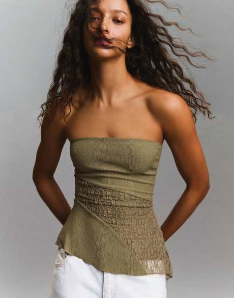 Bershka - Top bandeau asymétrique en dentelle - Kaki - view 1