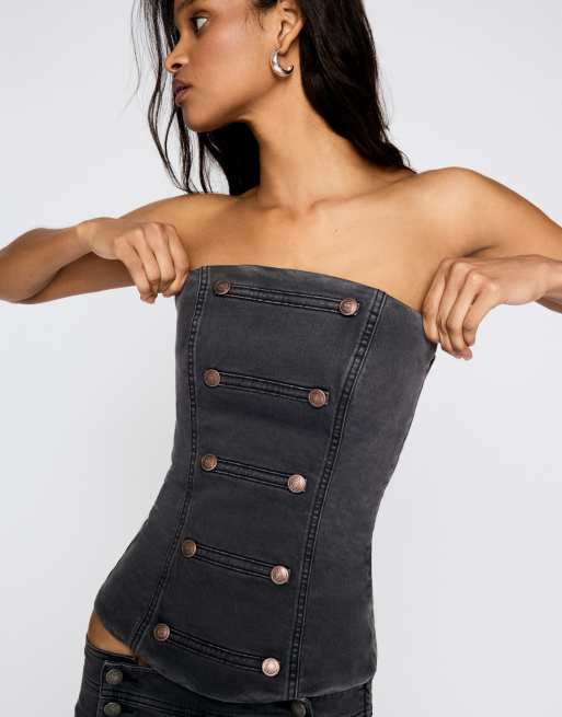 Bershka - Top bandeau boutonné - Gris foncé, 2 de 4