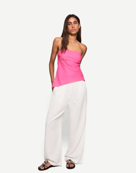 Bershka - Top bandeau en lin mélangé - Rose vif - view 1
