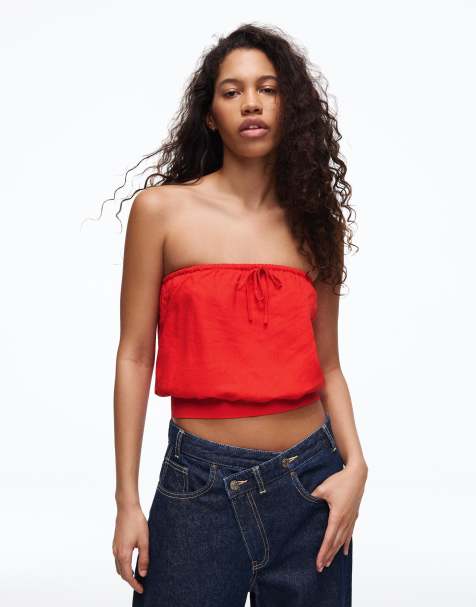 Bershka - Top bandeau en lin - Rouge - view 1