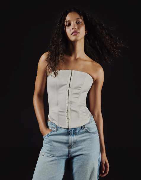 Bershka - Top bandeau satiné - Écru - view 1