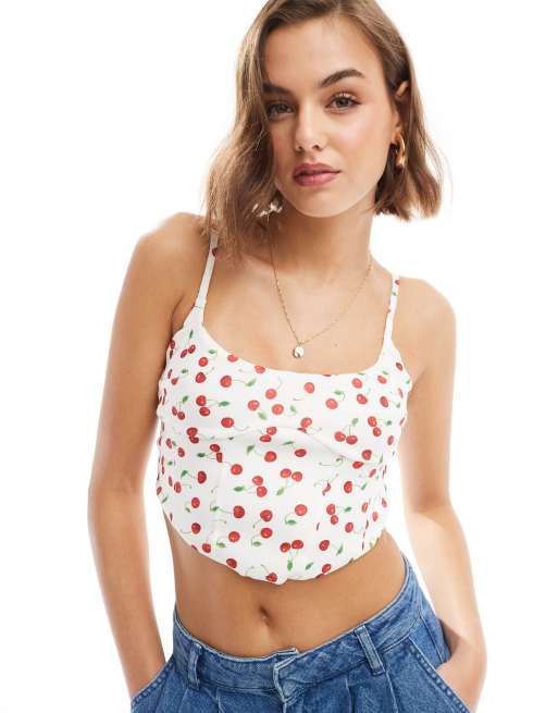 Bershka - Top bianco a corsetto con stampa di ciliegie