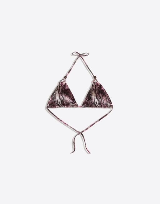 Bershka - Top bikini a triangolo in rete bordeaux con stampa, 4 di 4