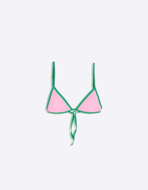 Bershka - Top bikini a triangolo rosa con bordi a contrasto, 4 di 4