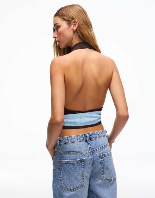 Bershka - Top con colletto e nodo sul retro blu denim, 3 di 5
