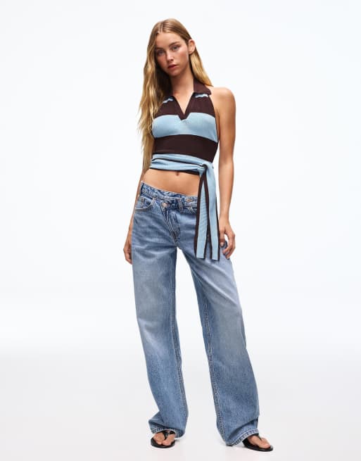 Bershka - Top con colletto e nodo sul retro blu denim, 4 di 5