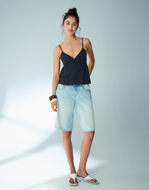 Bershka - Top con spalline con volant blu navy, 4 di 6