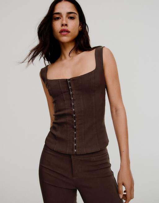 Bershka top con spalline in bengalina marrone, 4 di 5