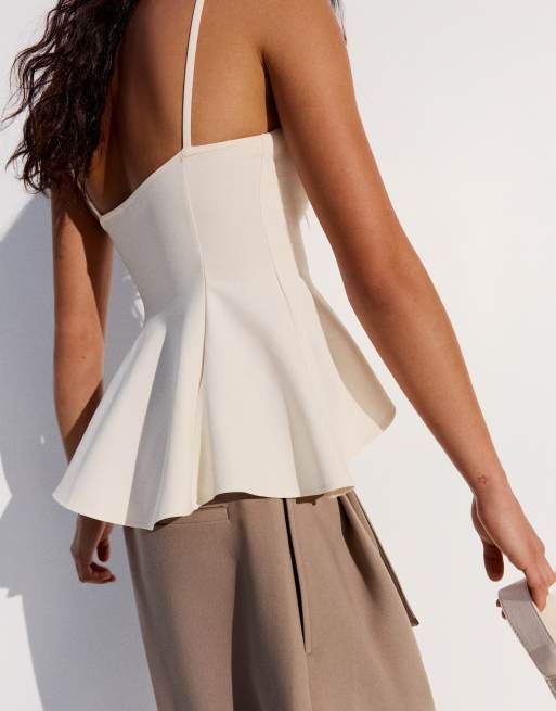 Bershka - Top con spalline sottili e volant color ecru, 4 di 5