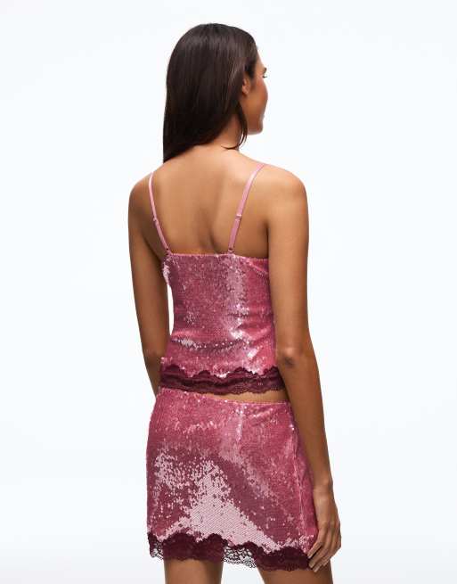 Bershka top con spalline sottili, pizzo e paillettes rosa, 3 di 5