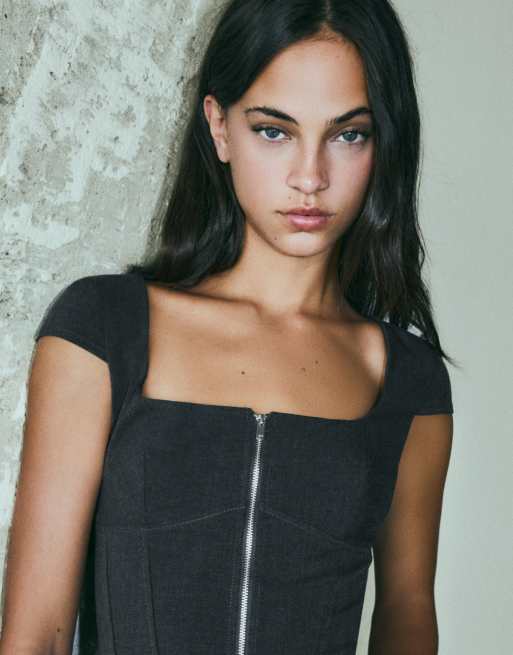 Bershka top con zip e maniche corte grigio, 4 di 5