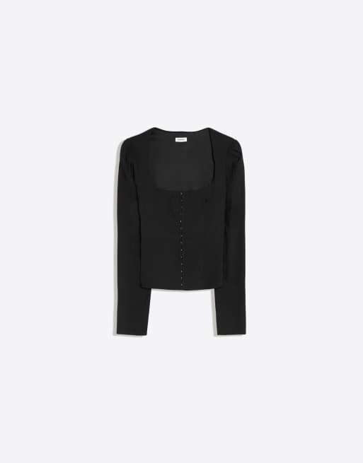 Bershka top corset à manches longues avec pressions noir, 5 de 5