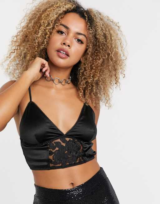 Bershka Top corto in raso con dettagli in pizzo nero