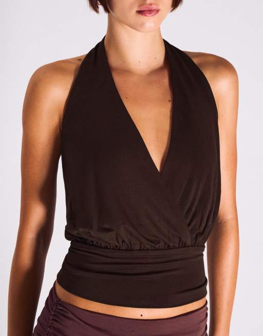 Bershka - Top croisé à fronces et bande à la taille - Marron, 2 de 4