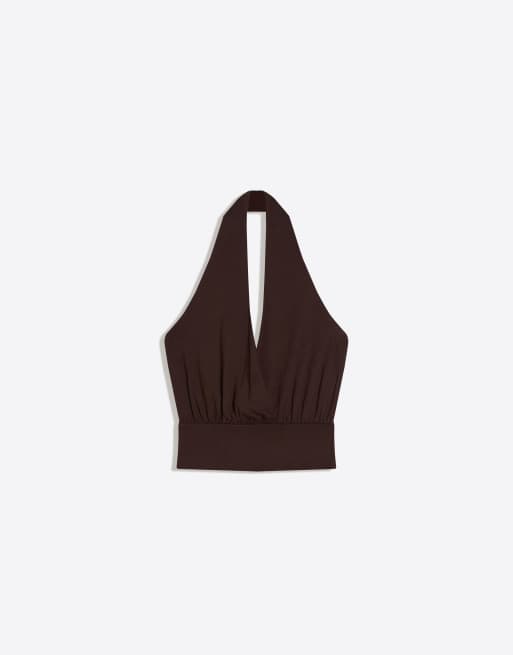 Bershka - Top croisé à fronces et bande à la taille - Marron, 4 de 4