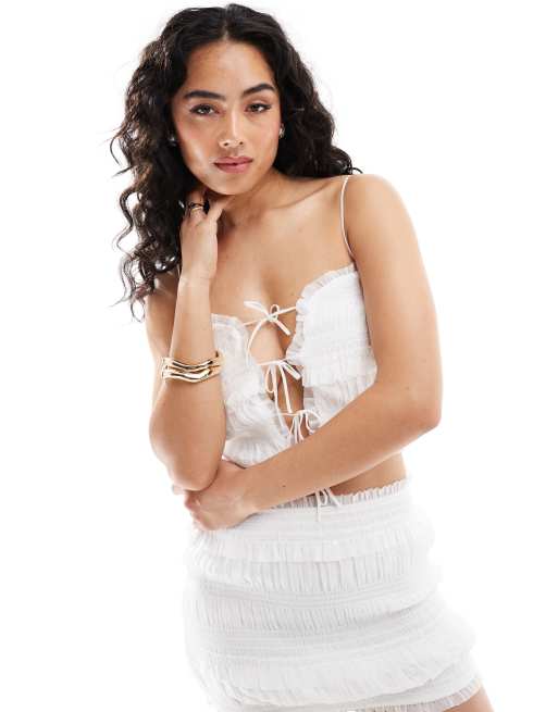 Bershka - Top d'ensemble froncé et noué sur le devant - Blanc
