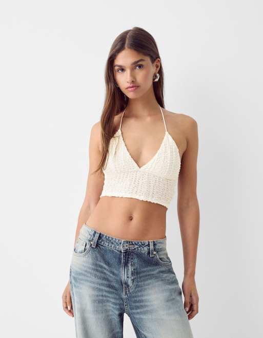 Bershka - Top d'ensemble texturé avec bretelles croisées dans le dos - Écru