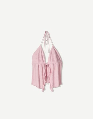 Bershka - Top dos nu à bretelles avec volants - Rose