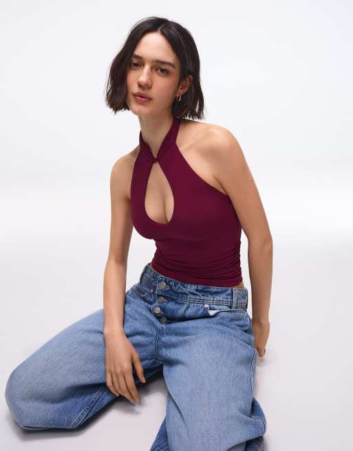 Bershka - Top dos nu avec encolure style qipao - Rouge, 3 de 4