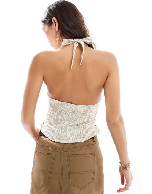 Bershka - Top dos nu en lin à rayures - Sable, 3 de 4