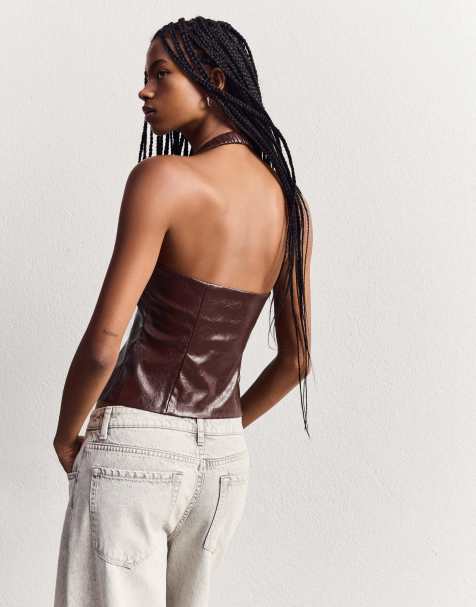 Bershka - Top dos nu imitation cuir zippé - Bordeaux - view 1