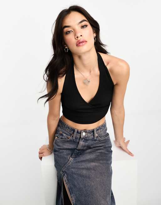 Bershka Top dos nu nervuré Noir ASOS