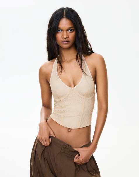 Bershka - Top dos nu style corset en dentelle - Écru - view 1