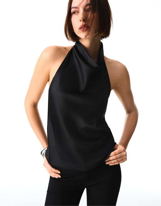 Bershka top drappeggiato in raso nero, 2 di 5