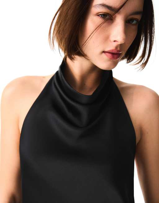 Bershka top drappeggiato in raso nero, 4 di 5