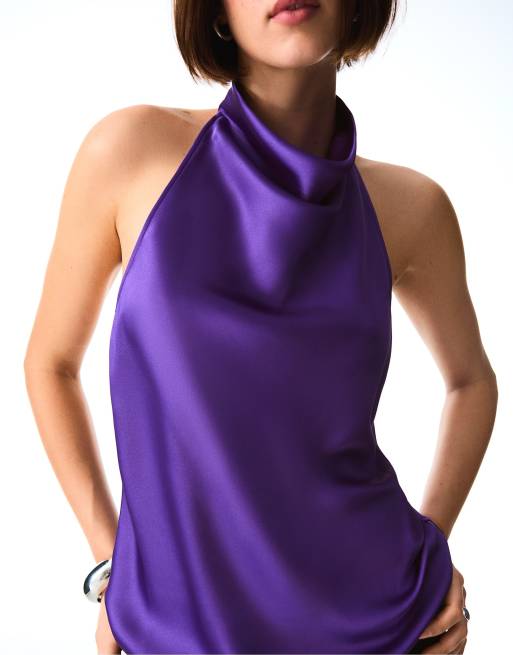 Bershka top drappeggiato in raso viola, 5 di 6