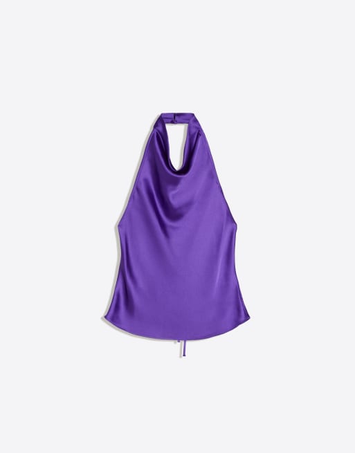 Bershka top drappeggiato in raso viola, 6 di 6
